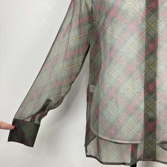 Worth New York | NWT Green Tartan Plaid 100% Silk Long Sleeve Button Down Blouse - Picture 8 of 14
